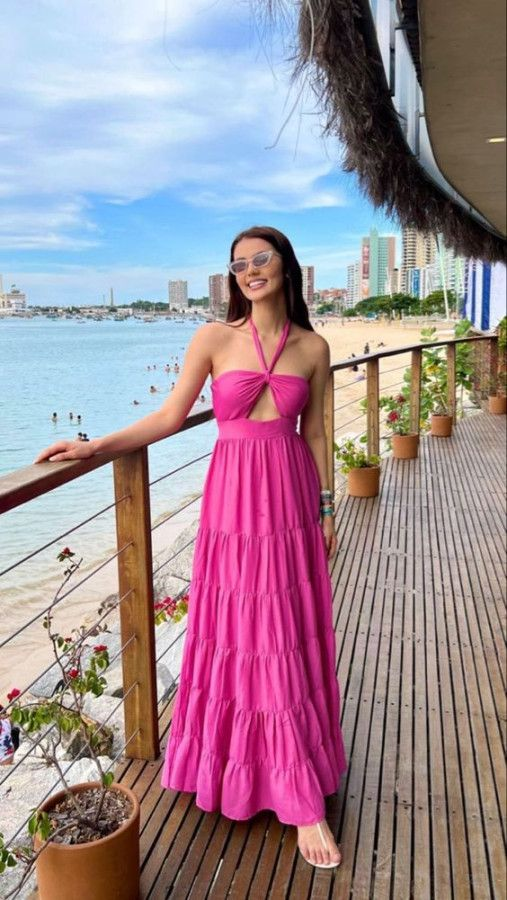 Halter Neckline Fuchsia A-line Long Prom Dress Beach Dress Y2872
