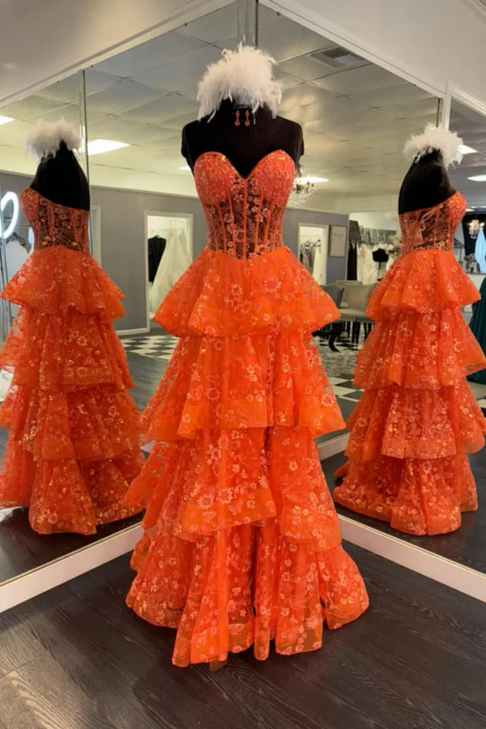Chic Orange Strapless A-Line Lace Layered Appliques Prom Dress Slit Evening Dress Y7885