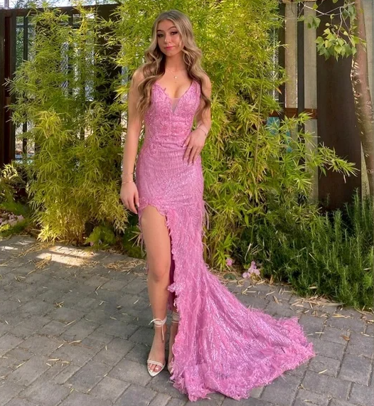 Luxurious Pink Sequins Lace Feathers Mermaid Evening Dress Slit Prom Dress Y7872