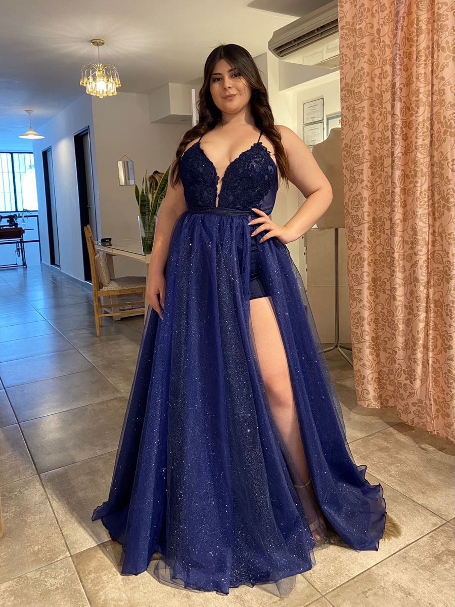 A-line Navy Blue Sparkly Unique Party Modest Formal Long Prom Dresses Y4848