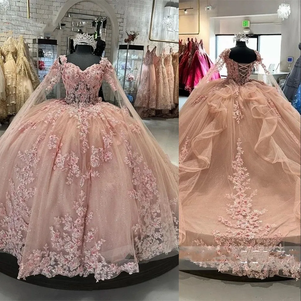 Pink Quinceanera Dresses Off Shoulder Flowers Lace Appliques Beaded Puffy Party Princess Sweet 16 Ball Gown Y2936