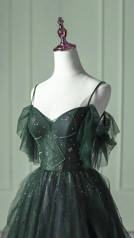 Dark Green Ombre Straps Tulle Layered Long Prom Dress,Green Formal Dress Y4473