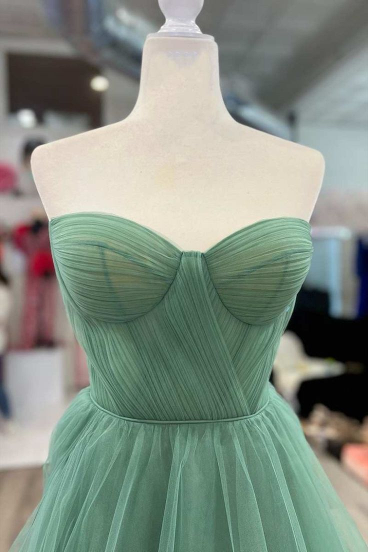 Green Strapless Floral Long Prom Dresses, Green Formal Dresses, Green Tulle Evening Dresses Y4640