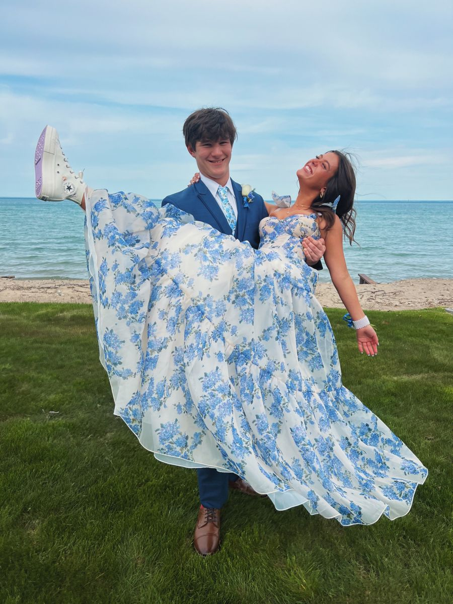 A-line Blue Floral Print Long Prom Dress,Blue Evening Dress Y2560
