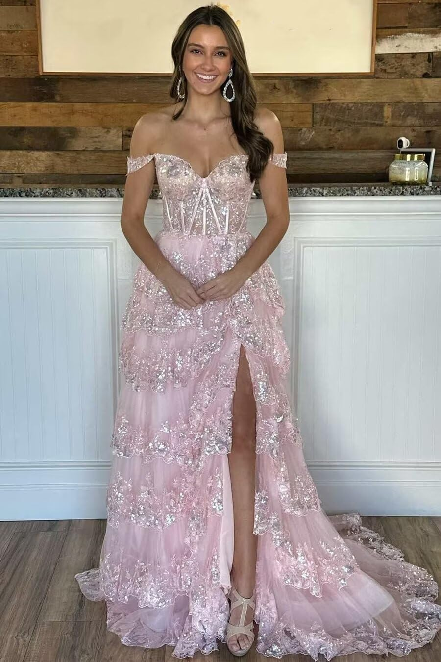 Off Shoulder Navy Blue Tulle Lace Long Prom Dresses, Off The Shoulder Lace Blue Evening Party Dresses Y2973