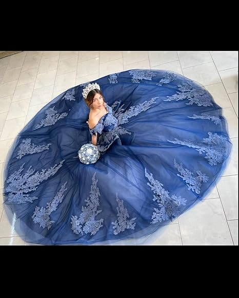 Navy Off The Shoulder Tulle Lace Quinceanera Dress,Navy Blue Ball Gown Sweet 15 Dress Y2985