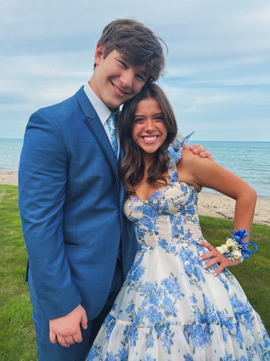 A-line Blue Floral Print Long Prom Dress,Blue Evening Dress Y2560