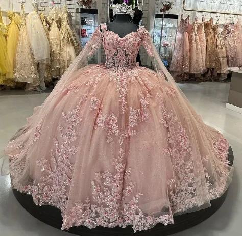 Pink Quinceanera Dresses Off Shoulder Flowers Lace Appliques Beaded Puffy Party Princess Sweet 16 Ball Gown Y2936