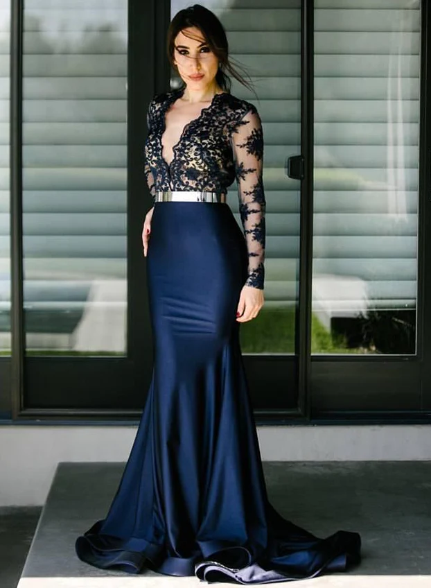 Sexy Sheer Deep V Neck Mermaid Prom Dresses Lace Applique Royal Evening Dress Sweep Train Party Gowns Prom Dresses S5948