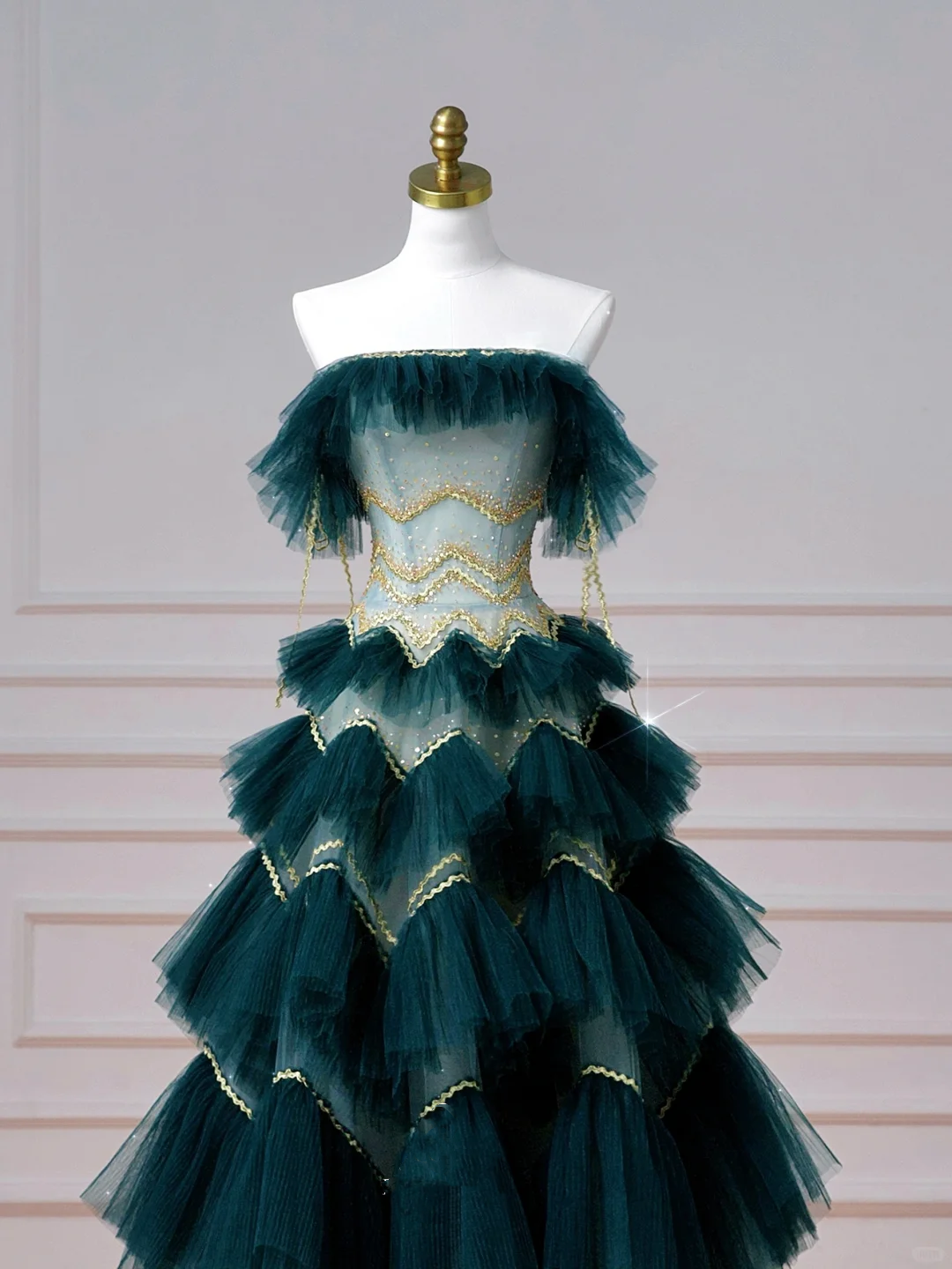 Vintage Dark Green Tulle Sequins Layered A Line Prom Dress,Strapless Evening Dress Y8606