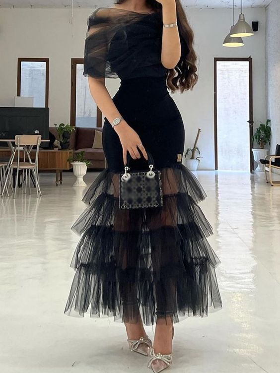 Slash Neck Half Sleeve Tulle Off Shoulder High Waist Bodycon Long Mermaid Prom Dress Y4633