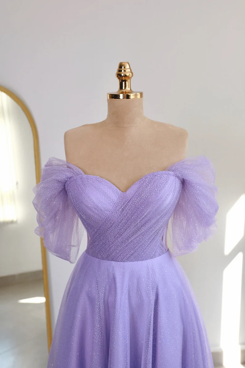 Lilac Glittered Tulle Midi-length Prom Dress, Engagement Dress, Promise Dress,Corset Dress Y4777