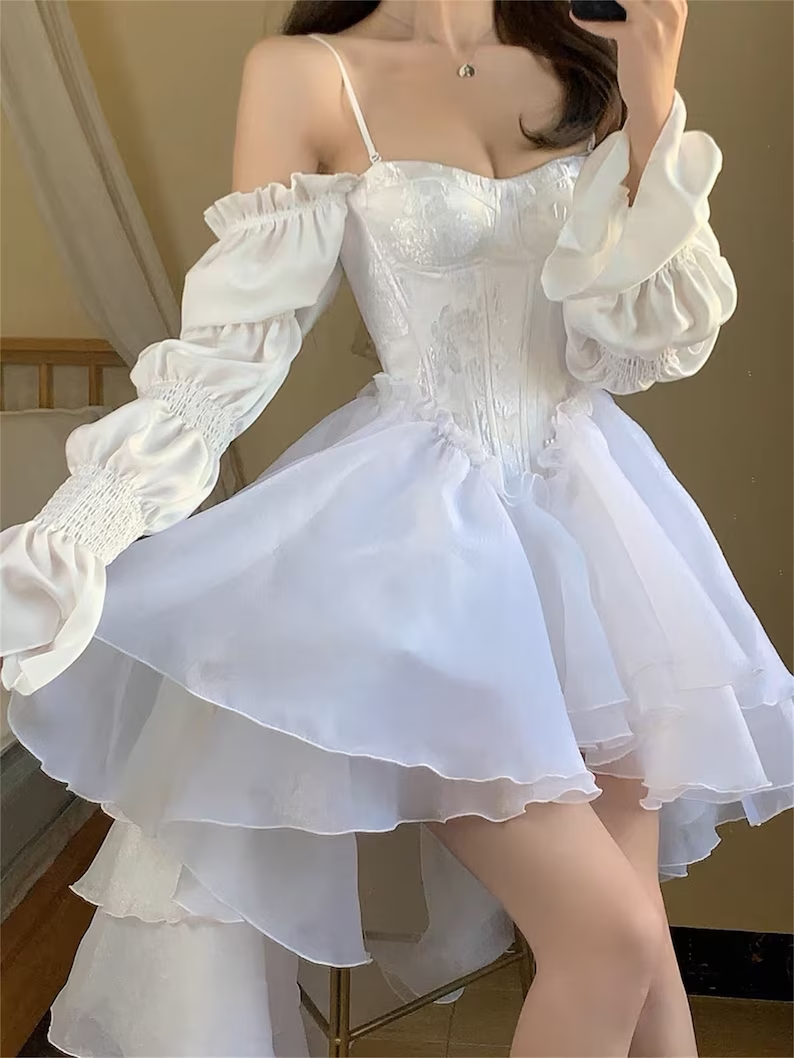 French White Tea Break Dress, Tulle Prom Dress Fairy Dress For Women, Victorian Dress, Graduation Dress, Beach Dress Y1938