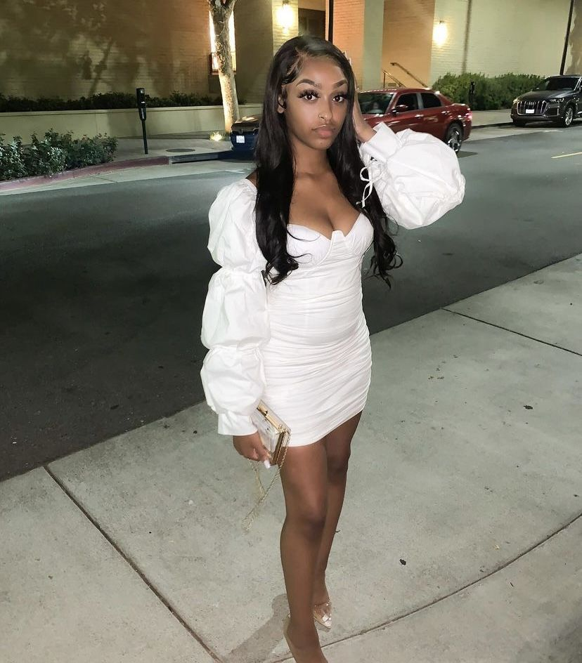 Women Sexy Wrap Dress White Long Puff Sleeve Ruched Bodycon Dress,White Homecoming Dress Y2165