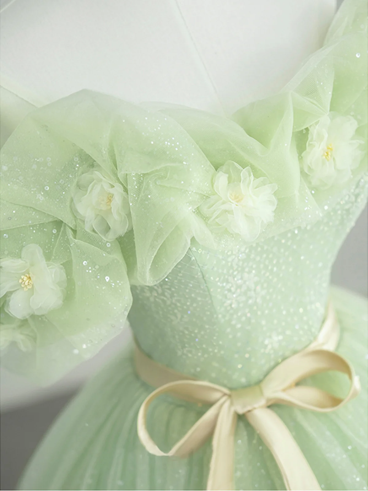 A-Line Off Shoulder Tulle Sage Green Long Prom Dress, Green Sweet 16 Dress Y5854