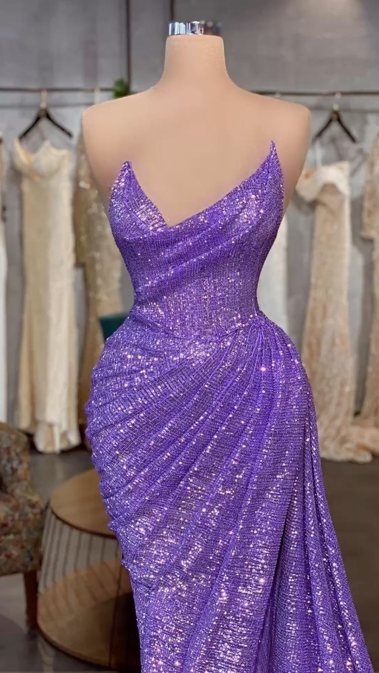 Light Purple Sequins Long Prom Dress Removable Sleeve,Charming Evening Dress Y711