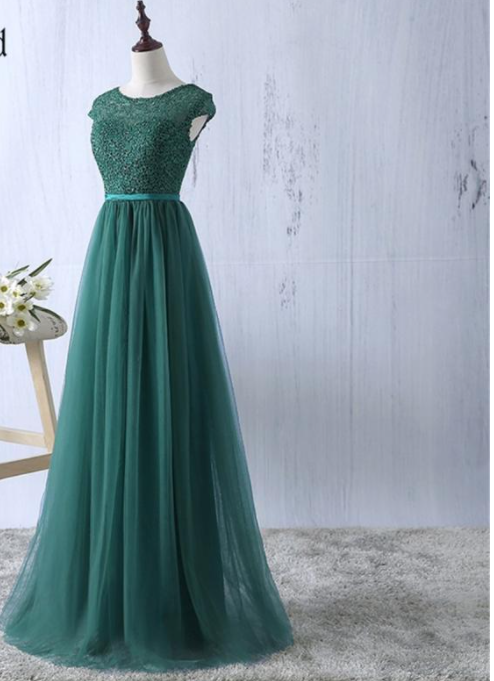 Green tulle lace top round neck long evening dresses ,simple formal dress S6796