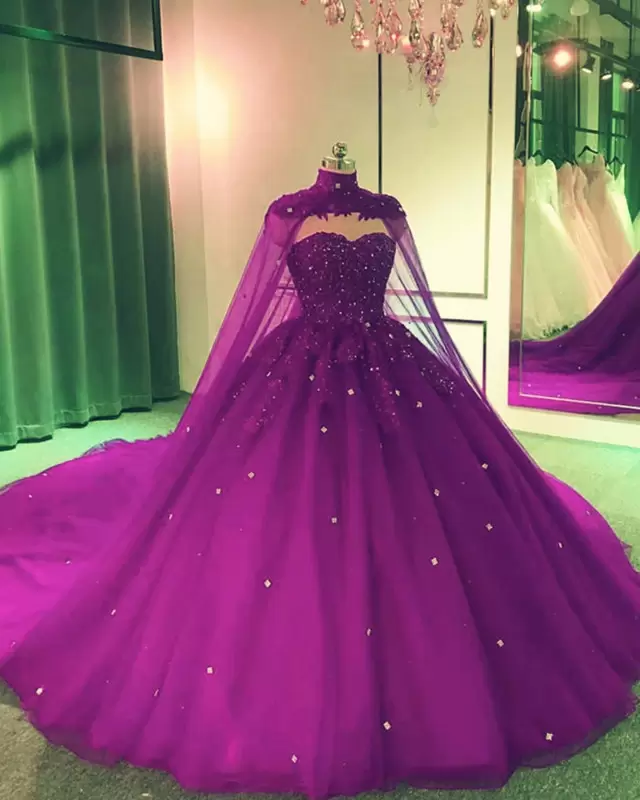 Royal Blue Tulle Ball Gown Prom Dress With Cape S8255