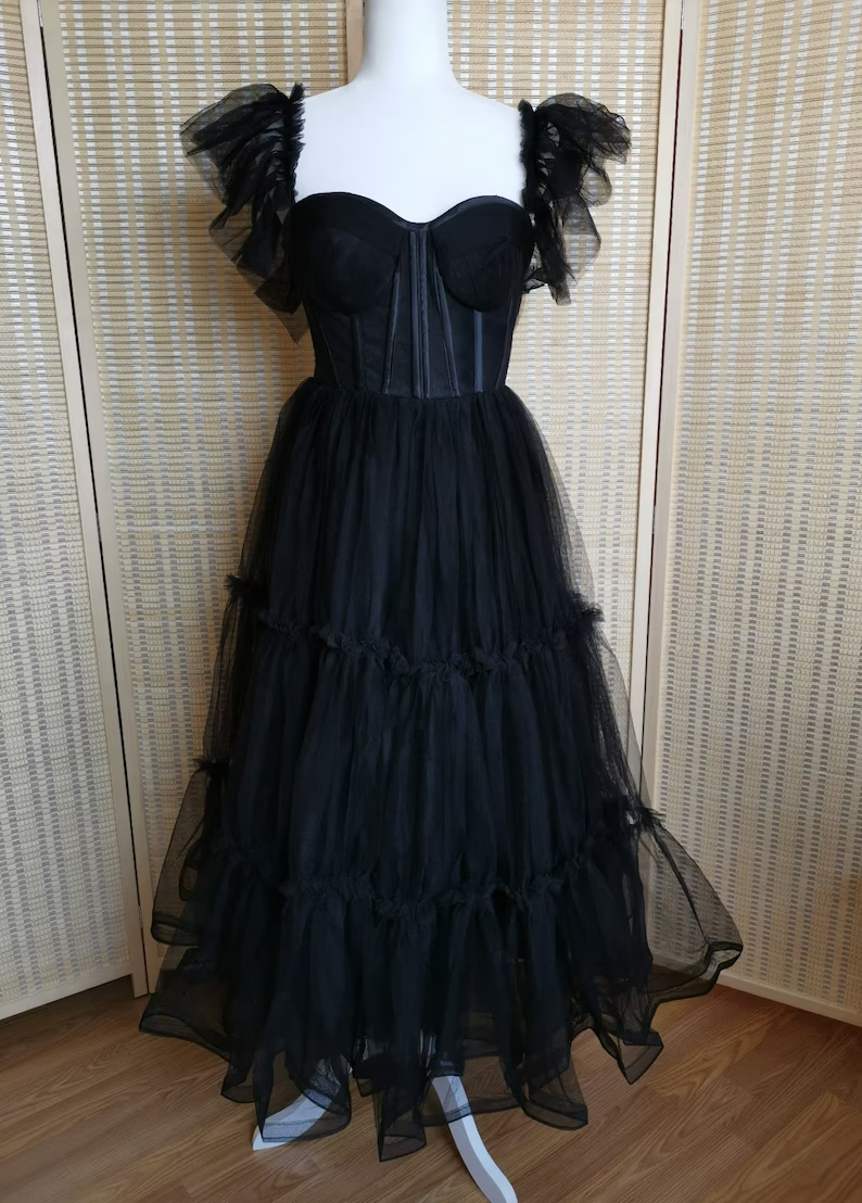Ruffled Sleeves Tulle Prom Dress, Tiered Ruffled A-line Skirt, Bridesmaid Party Dress, Graduation Dress Y1246