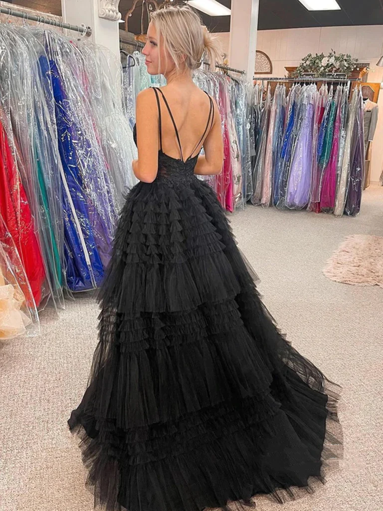 V Neck Backless High Low Beaded Black Lace Long Prom Dresses, Backless Black Formal Dresses, Black Lace Evening Dresses Y1769