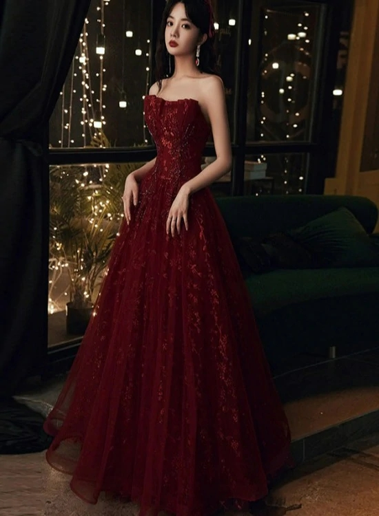 Wine Red Floral Lace and Tulle Long Evening Gown Party Dress, Burgundy Formal Dresses Y1661