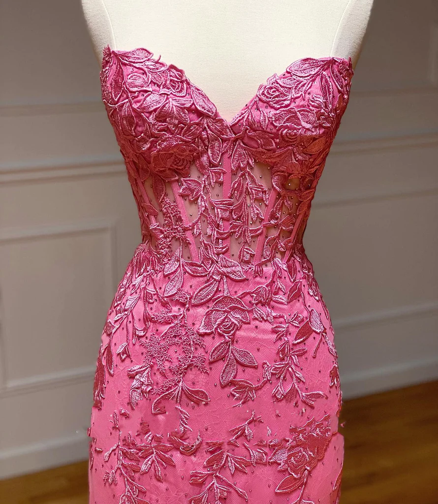 Sweetheart Neck Pink Mermaid Lace Prom Dresses, Pink Mermaid Lace Formal Graduation Dresses Y1549