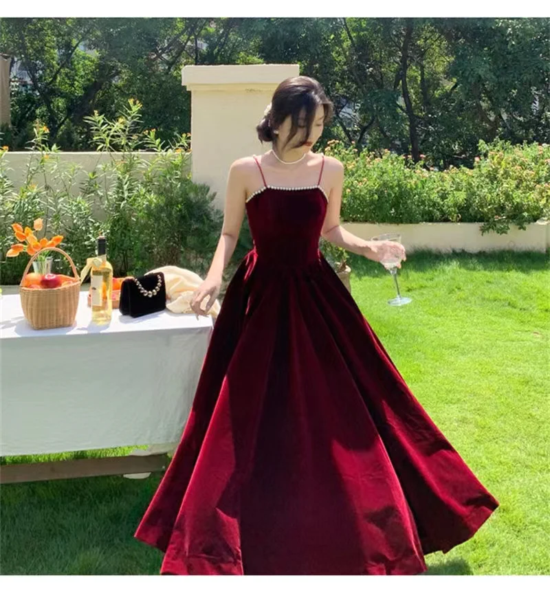Spaghetti Straps Burgundy Velvet Prom Dress Simple Prom Dress Party Dress Y659