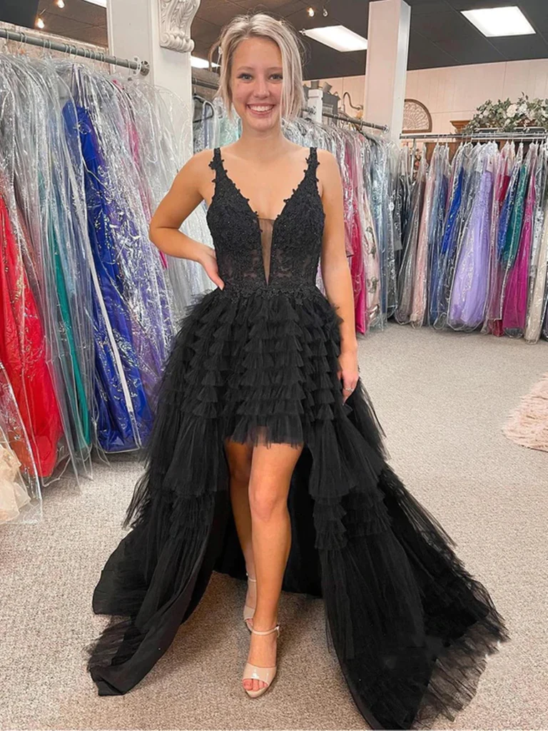 V Neck Backless High Low Beaded Black Lace Long Prom Dresses, Backless Black Formal Dresses, Black Lace Evening Dresses Y1769