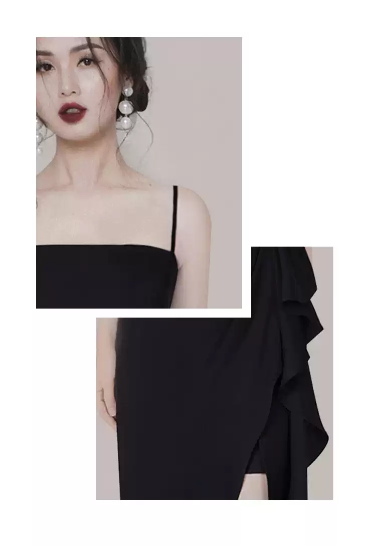 Vintage Black Spaghetti Straps Prom Dress With Irregular Side Y1125