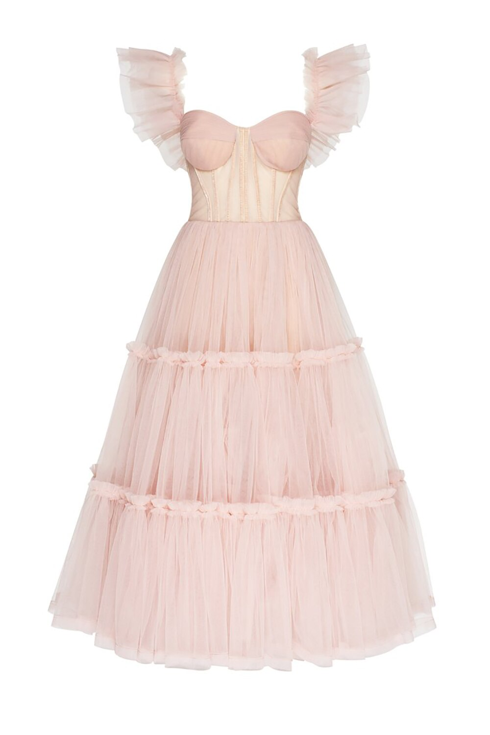 Ruffled Sleeves Tulle Prom Dress, Tiered Ruffled A-line Skirt, Bridesmaid Party Dress, Graduation Dress Y1246