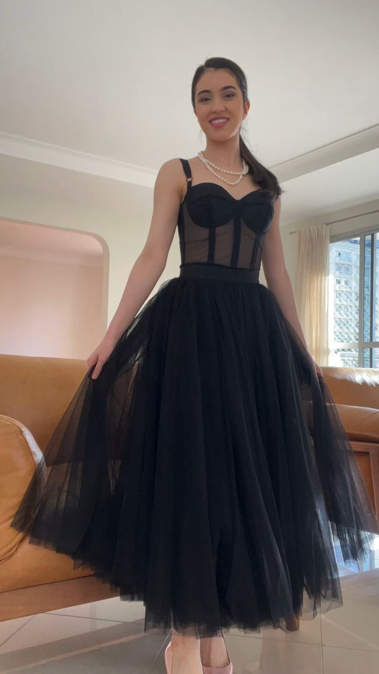 Classy A-line Straps Black Tulle Prom Dress,Black Formal Gown Y1070