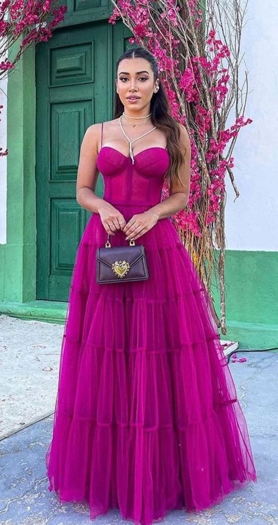 A-line Spaghetti Straps Tulle Prom Dress,Elegant Evening Dress Y1073