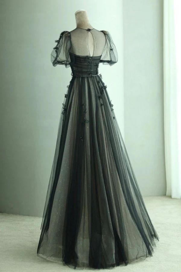 A Line Black Puff Sleeves Tulle Long Prom Dress, Black Formal Evening Dress Y7334