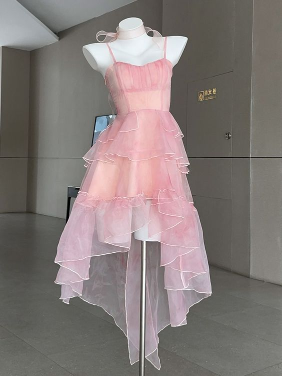 Pink High-low Skirt Dress Flounce Hem Prom Dress Y5006