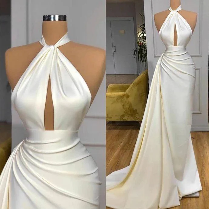 Vintage Mermaid Halter Sleeveless Ivory Long Prom Dress Y6608
