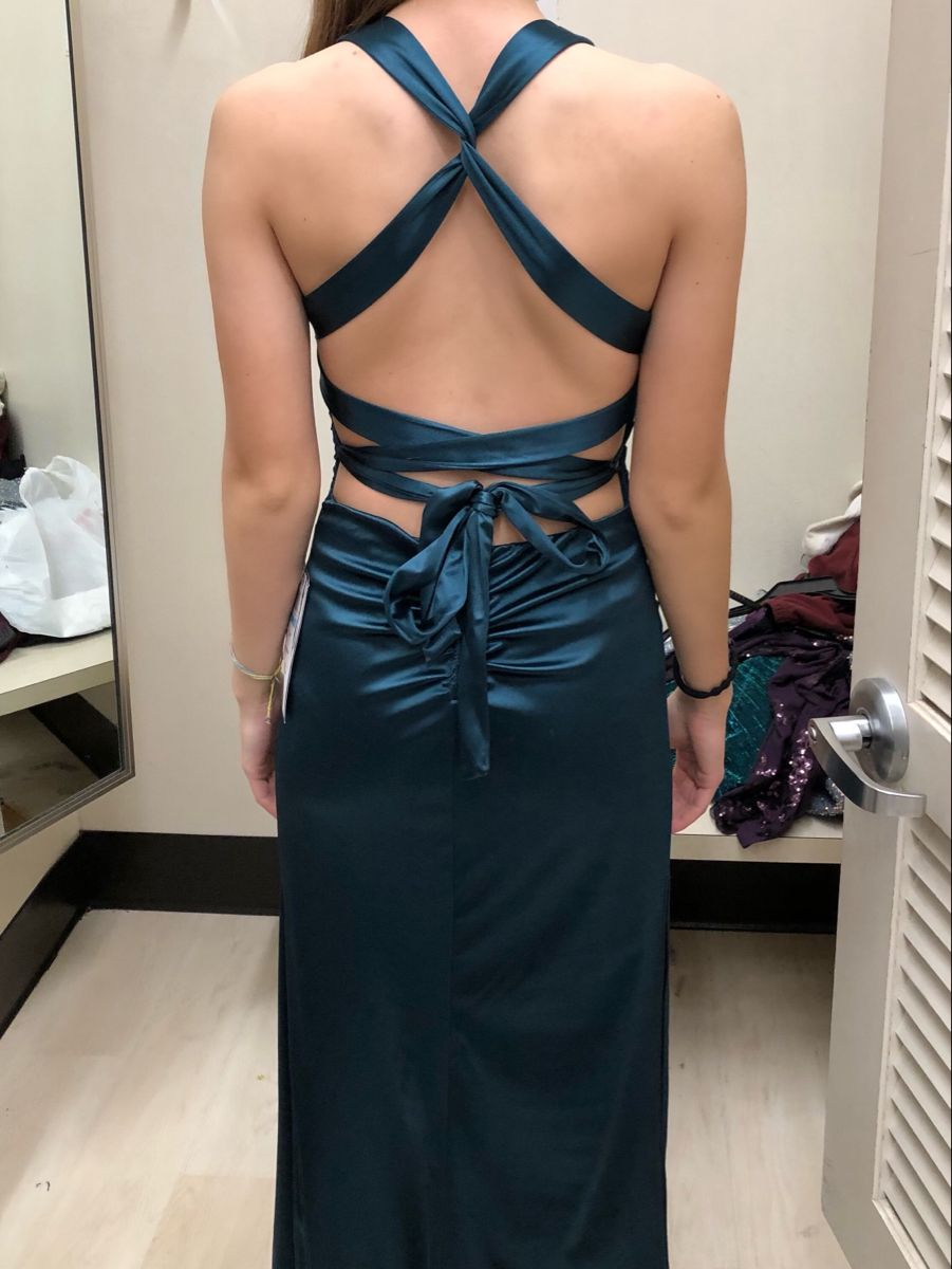 Long Formal Dress Womens Teal Strappy-back Satin Sleeveless Evening Dress Y2928