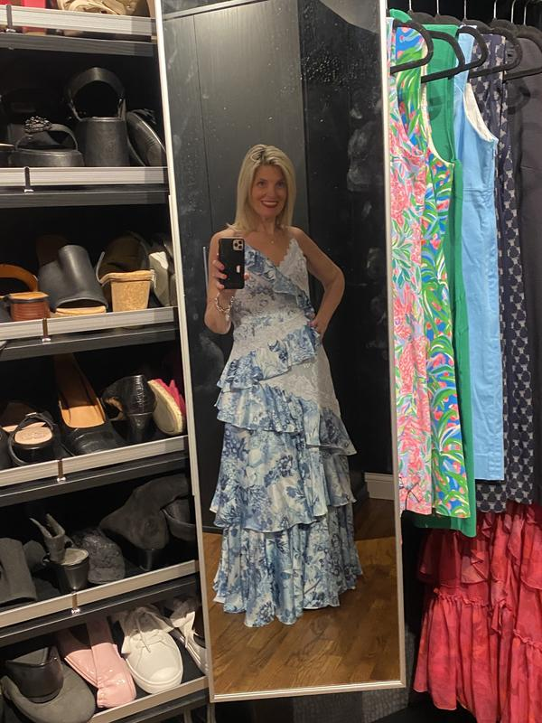 Gorgeous Blue Sleeveless V-Neck Lace Ruffle Tiered Evening Dress,Formal Prom Dress Y8460