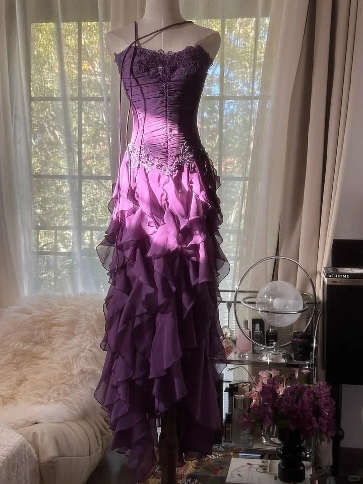 Pretty Purple Chiffon Evening Dresses,  Vintage Appliques Tiered Ruffles  Long Party Dress Y8697