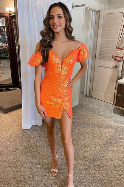 Orange Sequin Off-the-Shoulder Puff Sleeve Short Cocktail Dress Orange Homecoming Dress Y2896
