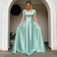 Modest A-line Square Neck Puff Sleeve Long Prom Dress,Wedding Guest Outfit  Y4794