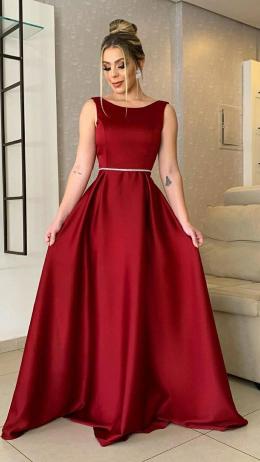 Women's Scoop Satin Prom Dresses Long Burgundy Formal Evening Gowns for Wedding Y5148