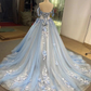 Ball Gown Blue Prom Dresses Lace Tulle Off Shoulder Evening Party Dress Y4561