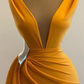 Yellow Mermaid Prom Dresses Deep V Neck Sexy Evening Dress  Cocktail Party Sweep Train Formal Occasion Wear Y4931