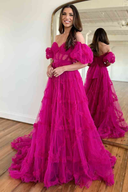Princess Off-Shoulder Ruffle Long Prom Dress with Balloon Sleeves Y3061