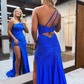 One Shoulder Beading Blue Mermaid Prom Dress with Side Slit Y5935