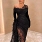 Elegant Black Lace Prom Dress Asymmetric With High Slit Long Evening Dress Y7984
