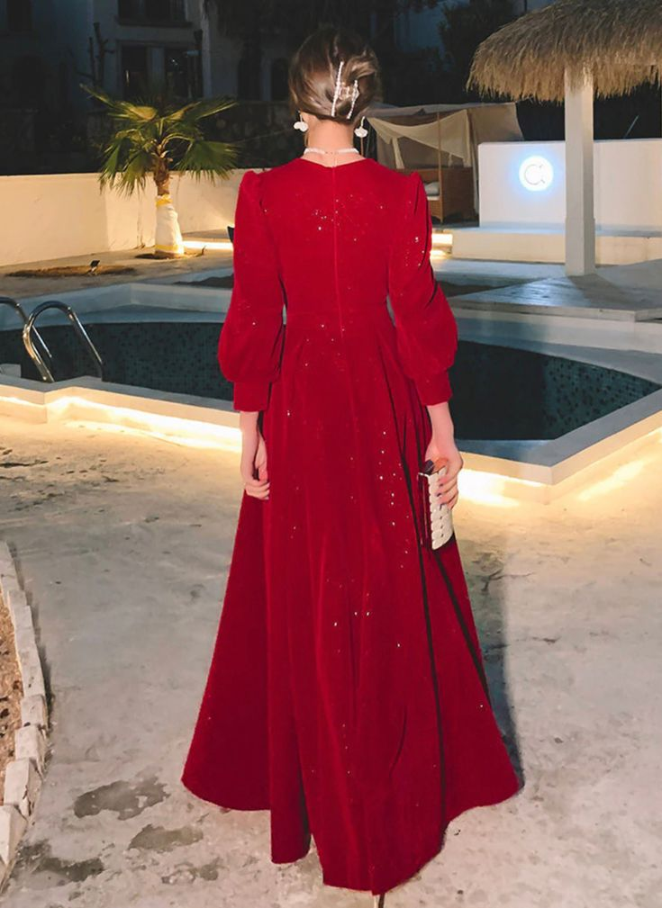 Red Glitter Modest Prom Dress Muslim Formal Evening Dress Fashion Dress Y4976