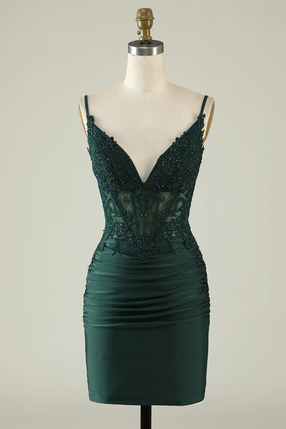 Tight V-Neck Dark Green Pleated Homecoming Dress with Appliques  Y2660