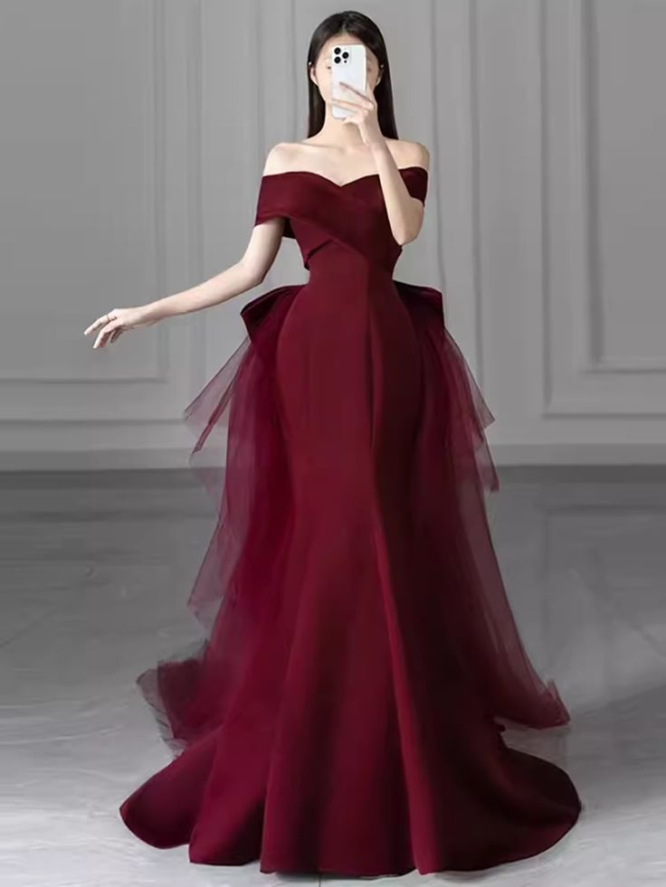 Mermaid Off Shoulder Evening Dress with Bow Burgundy Prom Dress Y7181