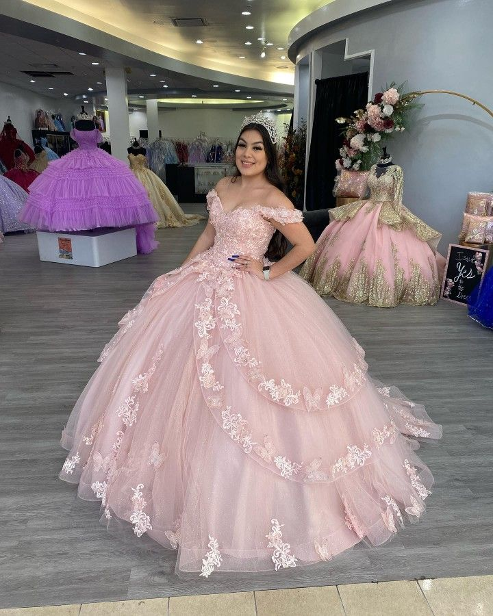 Off The Shoulder Pink Tulle Lace Ball Gown,Sweet 16 Dress  Y2267